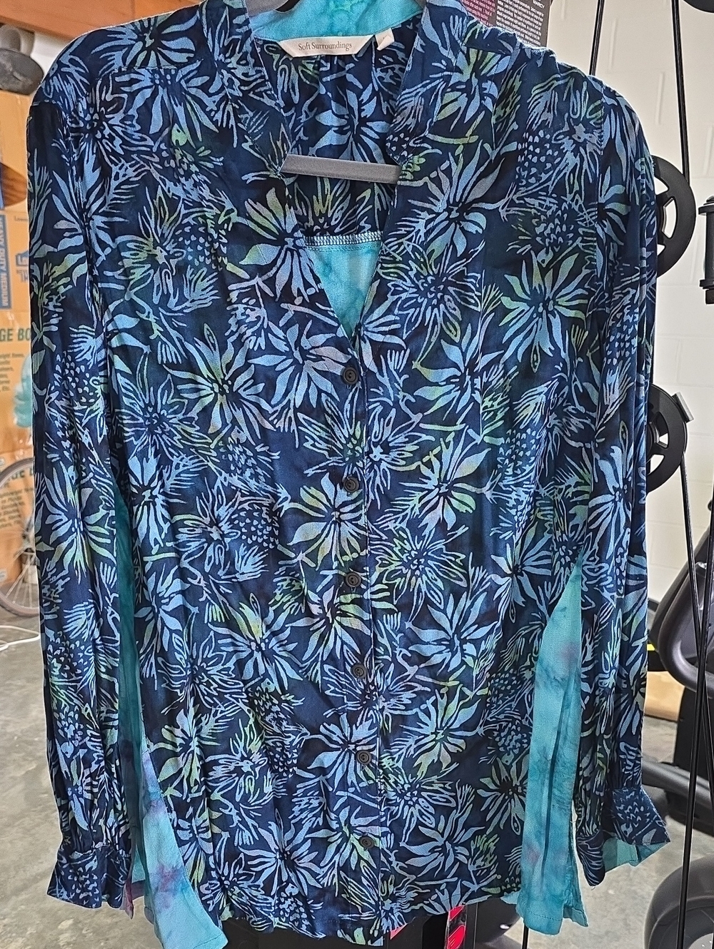 Soft Surroundings Navy and Teal Floral Button-Front Blouse